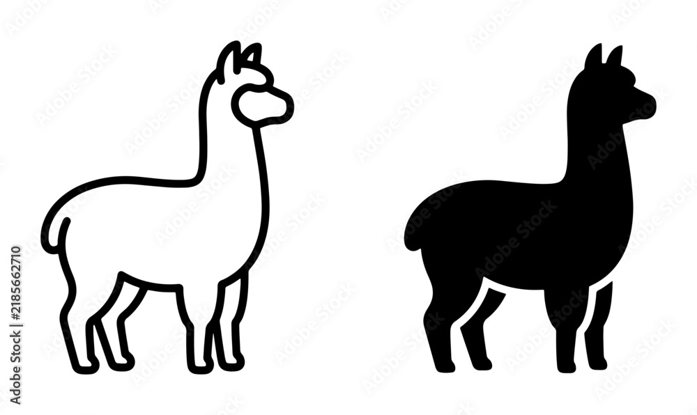 Fototapeta premium Llama Icon Set, Simple Line Art and Silhouette Vector Graphics for Animal Themes, Farm and Wildlife Concepts