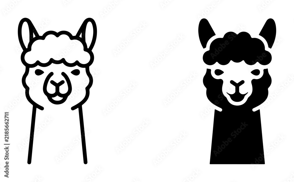 Fototapeta premium Llama Icon Set, Cute Alpaca Vector Graphics, Simple Animal Head Illustrations, Black and White Line Art and Silhouette for Design