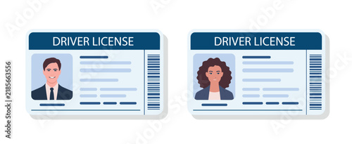 Two flat driver license identification cards featuring a man and a woman portrait, blue header, barcode, and personal information fields on white background
