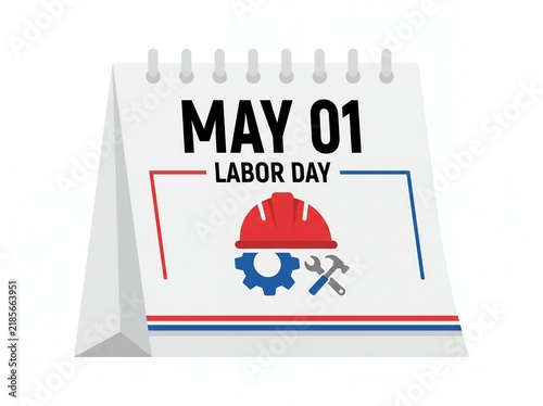 May Day Labor Day Desk Calendar With Red Hard Hat Gear and Wrench