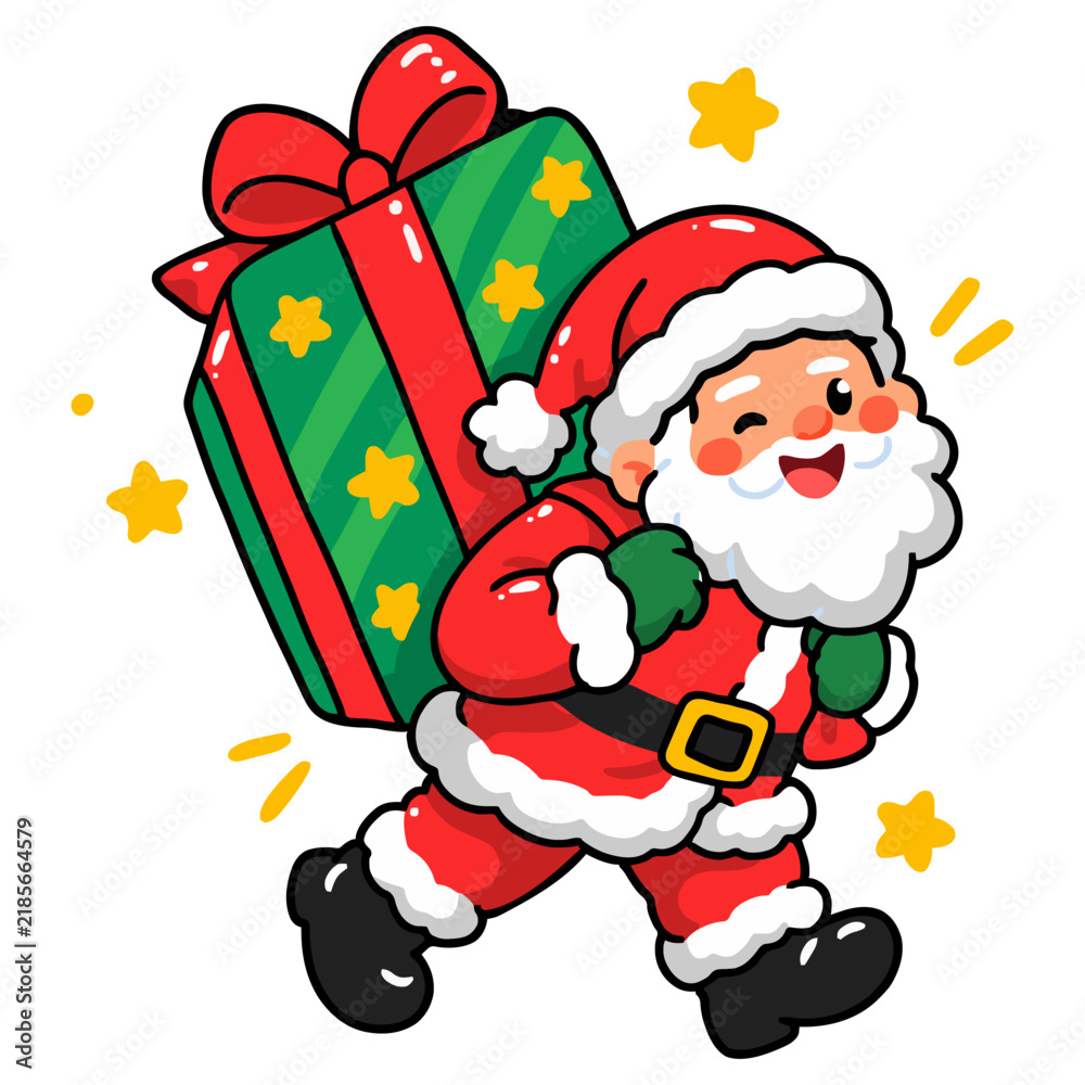 Fototapeta premium Santa Claus Carrying Giant Christmas Present Vector Illustration