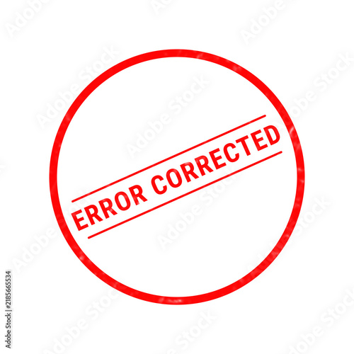 A bright red circular rubber stamp graphic featuring the bold text error corrected placed diagonally inside the center of the round border