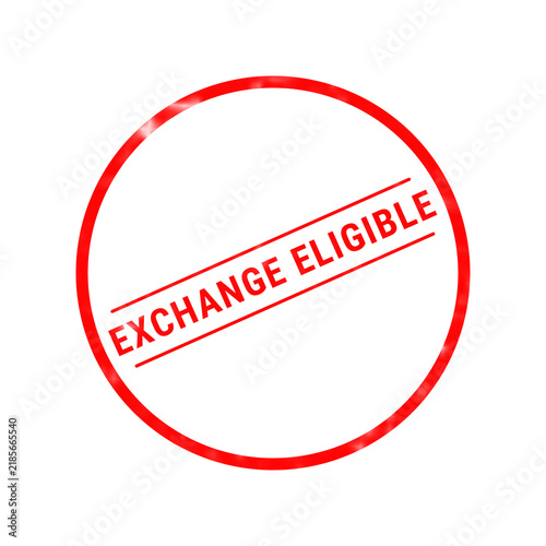 A bright red circular stamp design featuring the bold text exchange eligible centered inside the ring isolated on a plain white background surface