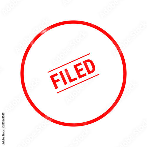 A bright red circular stamp design featuring the word filed written in bold capital letters centered inside the middle of the graphic