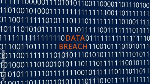 Data breach text or word with digital binary animation background, designed for an illustrative digital world technology concept representing unauthorized network access, security compromises