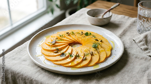 Thinly sliced persimmon arranged in a circle on a white plate on a linen tablecloth