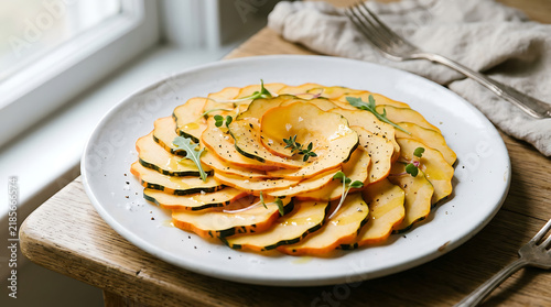 Thinly sliced raw delicata squash carpaccio arranged on a white plate