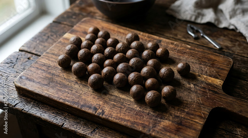 Unshelled macadamia nuts resting on a weathered wooden cutting board