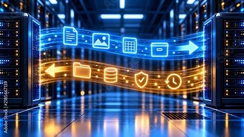Server room datacenter with glowing digital stream of document icons representing secure cloud storage backup and fast data transfer