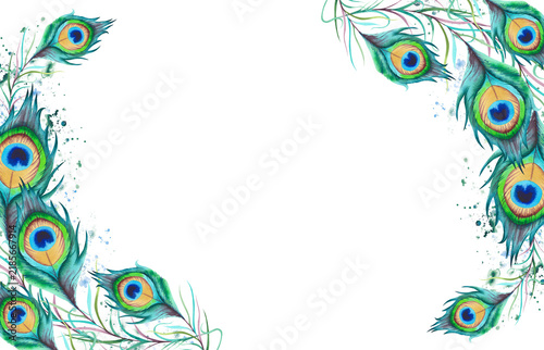 Peacock feathers on a white background, hand-painted. Rectangular holiday card frame, design for Diwali, Janmashtami festival. Watercolor illustration. A clipart for printing and arranging invitations