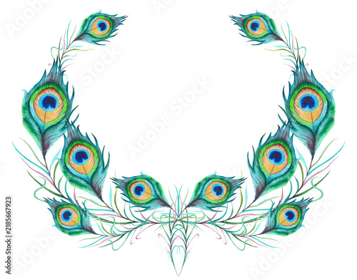 A circular frame made of peacock feathers. The illustration is done by hand in watercolor. A beautiful, bright, multicolored phoenix tail on a white background. Asian, Indian, and Japanese ornament.