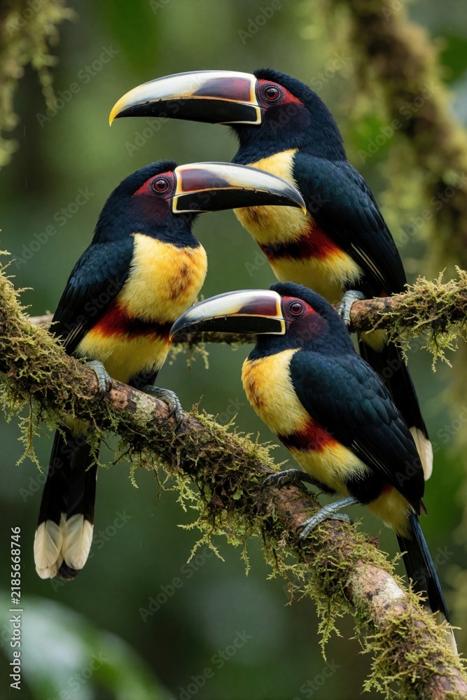 Fototapeta premium Three Collared Aracaris rest on a mossy tree branch in a rainforest. These colorful birds have black, yellow, and red plumage and large, distinct beaks.