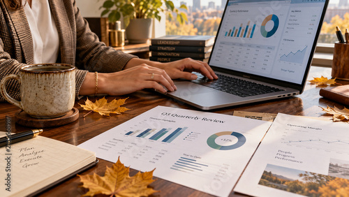 Executive hands working on Q4 budget report on laptop with autumn decor