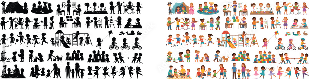 Fototapeta premium Colorful Children and Adults Engaged in Outdoor and Creative Activities Compared with Black Silhouette Illustrations