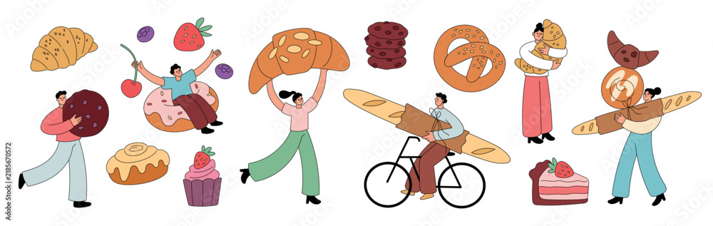 Naklejka premium Tiny people with baking. Playful bakery lovers, byers carrying giant croissants, characters holding baguette, cookies, donuts and cakes, pastry assortment garish vector cartoon isolated set