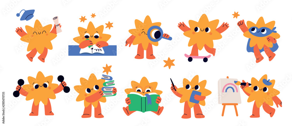 Obraz premium Funny star character. Cute kawaii sun, studying, reading, painting, exercising and graduating activities, cartoon mascot, education and sport, garish vector cartoon flat style stickers set
