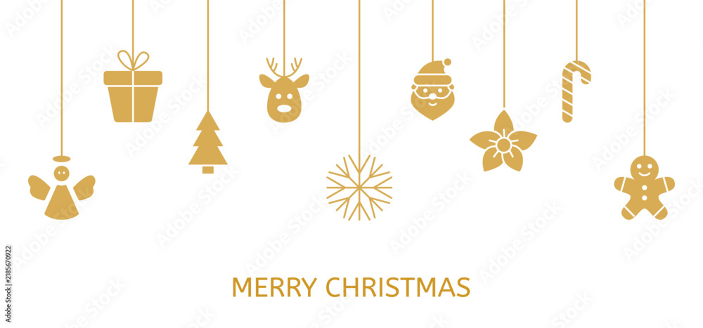 Fototapeta premium Christmas hanging toys on long banner. Holiday gold icon baubles with snowflake, Santa, angel, Christmas tree, reindeer, candy cane, gift. New year card. Party design elements. Vector illustration