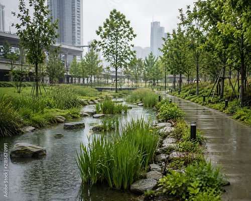 Urban park with water stream and buildings