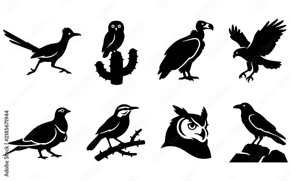 Fototapeta premium UDesert Birds Wildlife Roadrunner Elf Owl Vulture Silhouette Vector Icon Setntitled-4141a