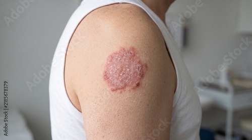 Red scaly plaque of psoriasis on male human shoulder appearing as a chronic inflammatory skin condition needing medical examination by a professional dermatologist during clinical consultation