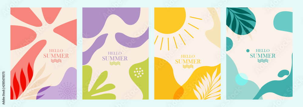 Fototapeta premium Abstract floral templates with organic shapes and tropical leaf elements for social media