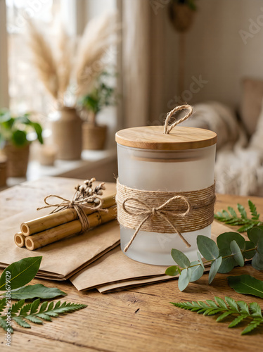 Rustic woven basket with lid and rolled fabric bundle on wooden surface with greenery