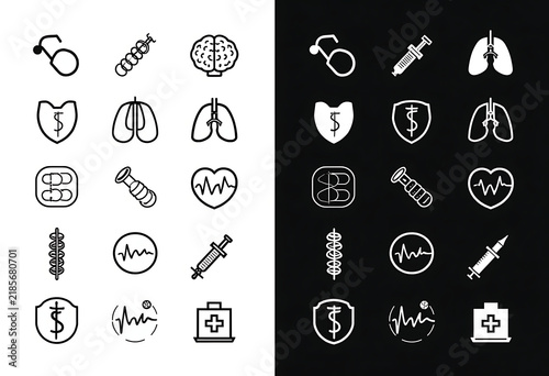 Medical and healthcare icons with scientific research and human anatomy symbols.