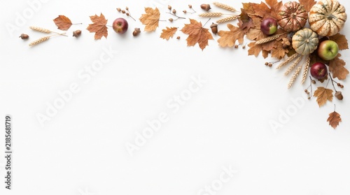 Watercolor Thanksgiving border background with autumn leaves and pumpkins for festive holiday design