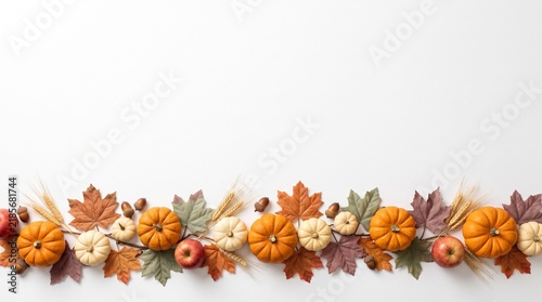 Watercolor Thanksgiving border background with autumn leaves and pumpkins for festive holiday design
