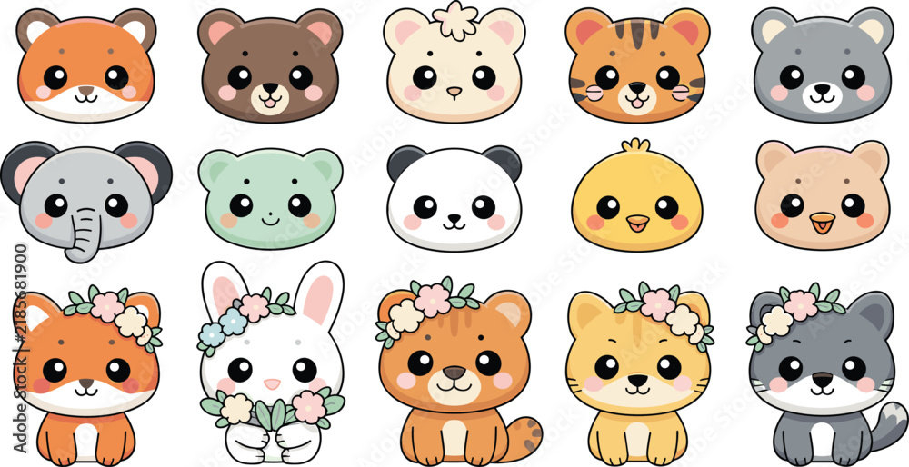 Fototapeta premium Cute Wild Animal Character Collection with Tigers, Bears, Koala, Elephant, Panda, Duck and Floral Bunny Illustrations, Kawaii Vector Design