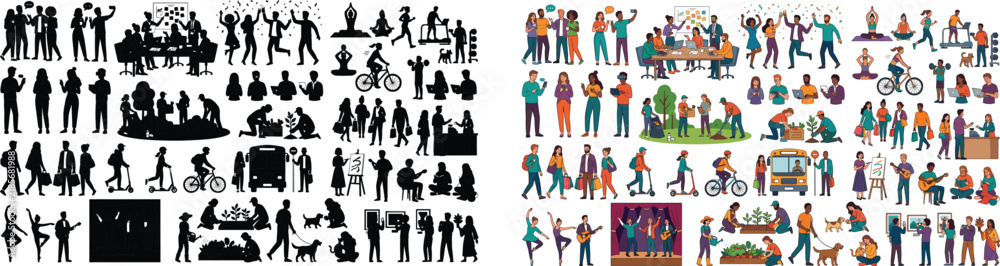 Fototapeta premium Everyday Human Activities in Silhouette and Color Contrast Featuring Work, Fitness, Social Interaction, Art, and Leisure Lifestyle