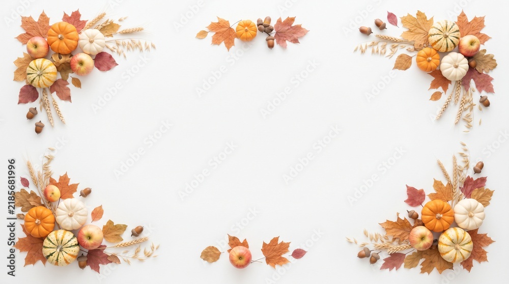 Fototapeta premium Watercolor Thanksgiving border background with autumn leaves and pumpkins for festive holiday design