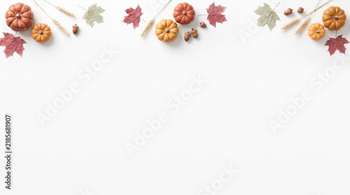 Watercolor Thanksgiving border background with autumn leaves and pumpkins for festive holiday design