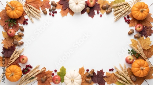 Watercolor Thanksgiving border background with autumn leaves and pumpkins for festive holiday design