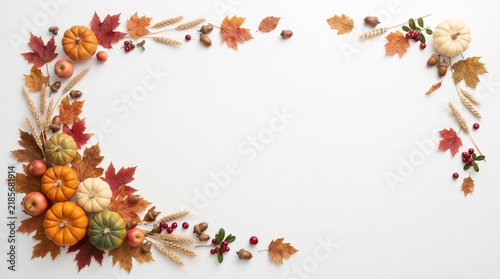 Watercolor Thanksgiving border background with autumn leaves and pumpkins for festive holiday design