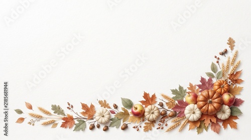 Watercolor Thanksgiving border background with autumn leaves and pumpkins for festive holiday design