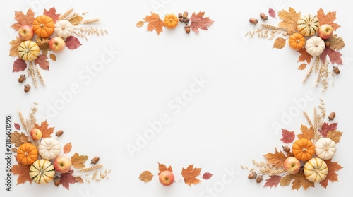 Watercolor Thanksgiving border background with autumn leaves and pumpkins for festive holiday design