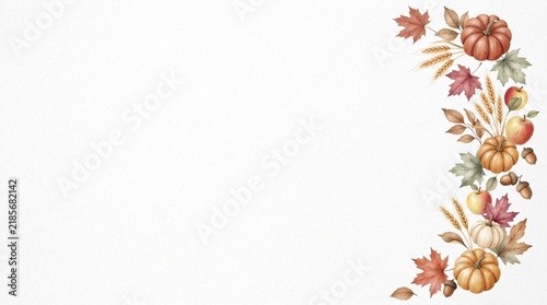 Watercolor Thanksgiving border background with autumn leaves and pumpkins for festive holiday design