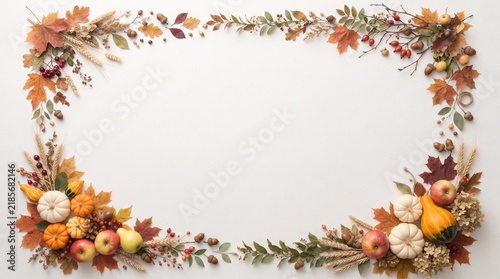 Watercolor Thanksgiving border background with autumn leaves and pumpkins for festive holiday design