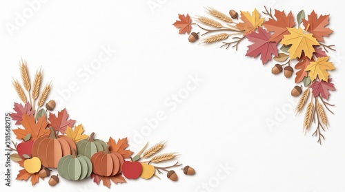 Watercolor Thanksgiving border background with autumn leaves and pumpkins for festive holiday design