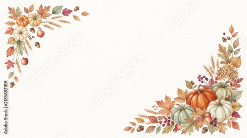 Watercolor Thanksgiving border background with autumn leaves and pumpkins for festive holiday design