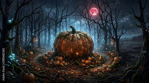 Spooky Giant Pumpkin in Enchanted Forest at Midnight with Glowing Fungi and Glowing Orbs Under a Full Red Moon for Halloween Background