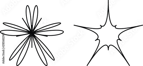 黒い線画花と不規則スター アイコンセット 透明背景 PNG 切り抜き 背景透過