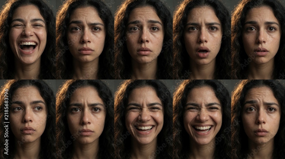 Obraz premium Young woman shows different facial expressions in collage grid. Female face montage features joy, anger, sadness, fear, surprise. Adult lady displays various human emotions, mental health states,