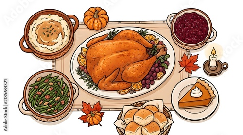 A festive top view illustration of a delicious roasted turkey cartoon dinner featuring traditional side dishes and pumpkin pie for a happy thanksgiving holiday celebration