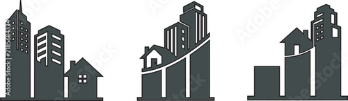 Urban cityscape silhouette with modern skyscrapers and residential houses.