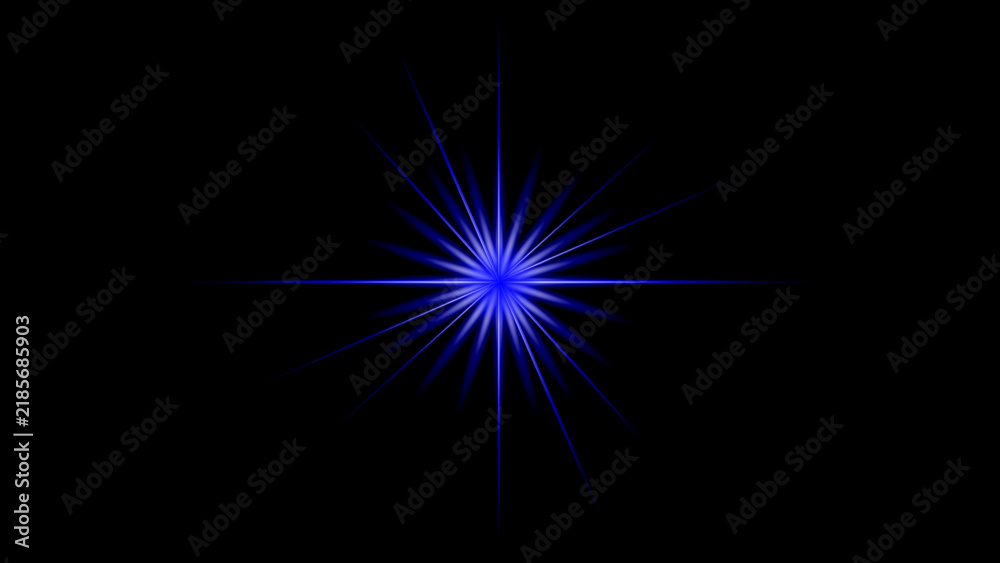 Fototapeta premium Blue glowing starburst light effect with radiant beams and bright central flare on a black background