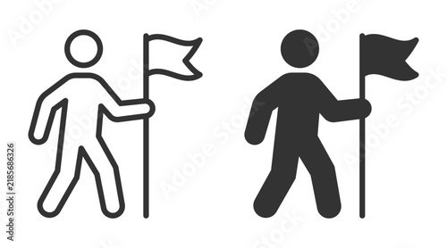 Walking stick figures with flags in black and white icons.