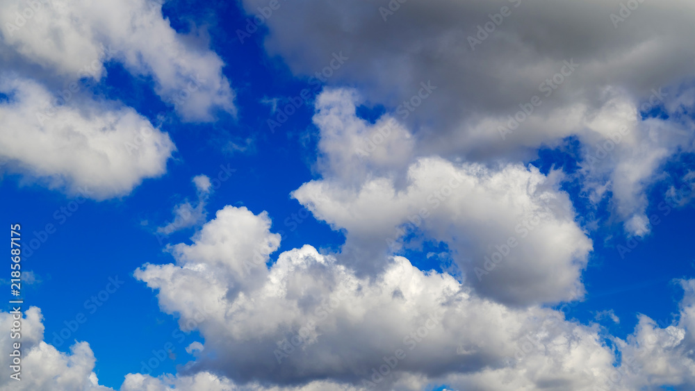 Fototapeta premium fluffy cumulus and dark rain clouds against a blue sky on a clear summer afternoon