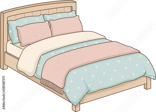 Cute Double Bed Illustration, Kawaii Pastel Pink and Blue Bedroom Furniture with Heart Pattern Duvet and Pillows Clip Art, Cozy Wooden Bed Isolated for Home Decor and Planner Sticker Design
